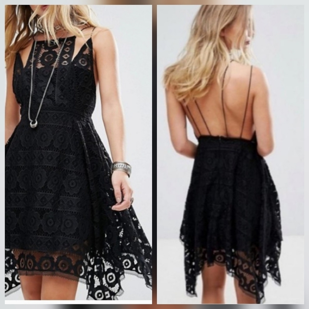 Free People Mini Dress Sz 2 Lace Handkerchief Babydoll Black Whimsygoth Fairy